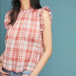 Anthropologie Plaid Ruffle-sleeve top